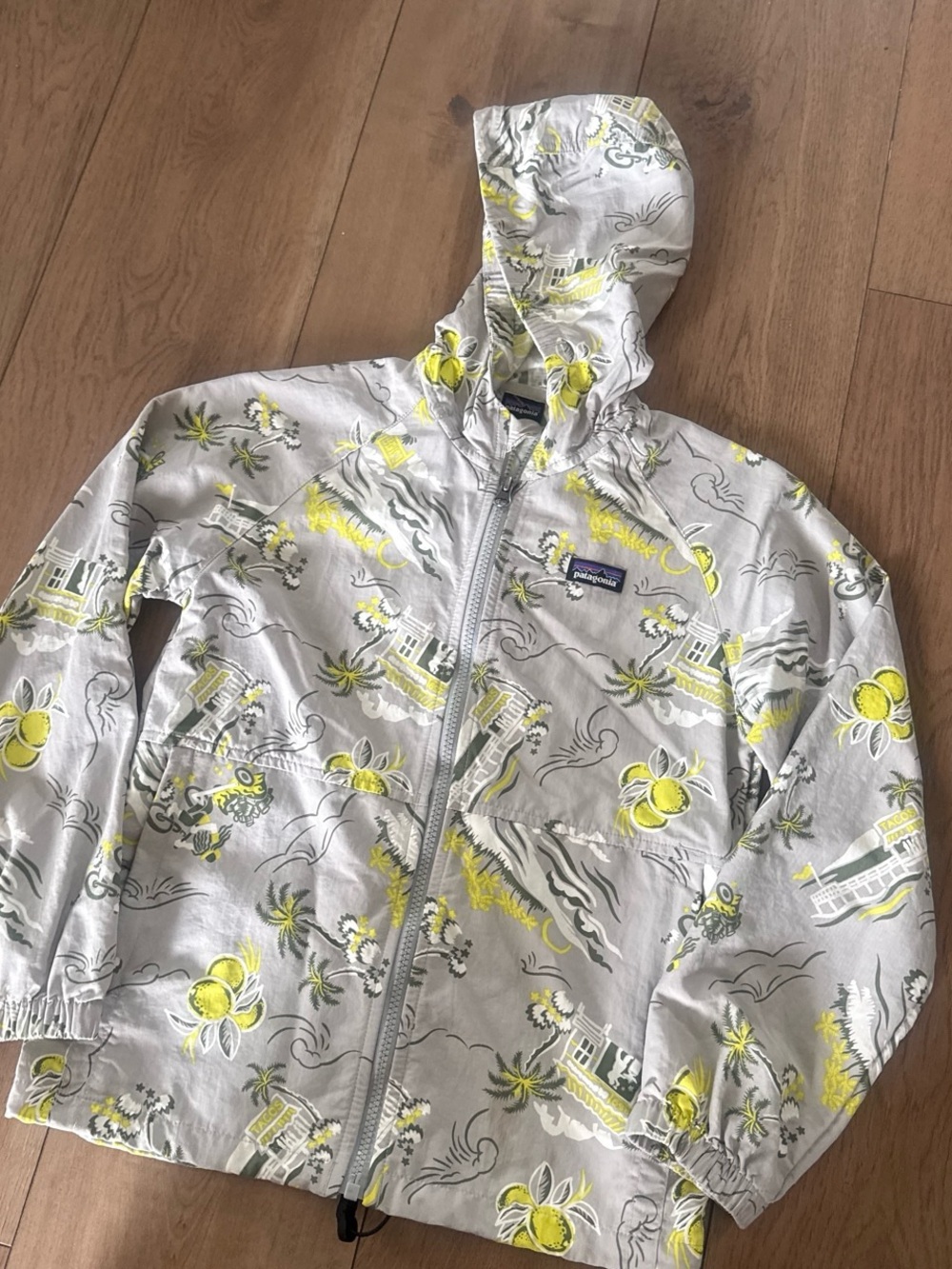 Patagonia Gray Hooded Windbreaker with Yellow Tropical Print